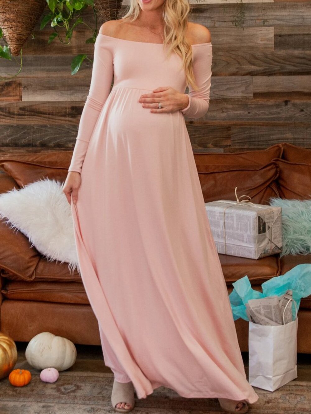 PinkBlush‎ Pink Solid Off Shoulder Maternity Maxi Dress - Size Medium